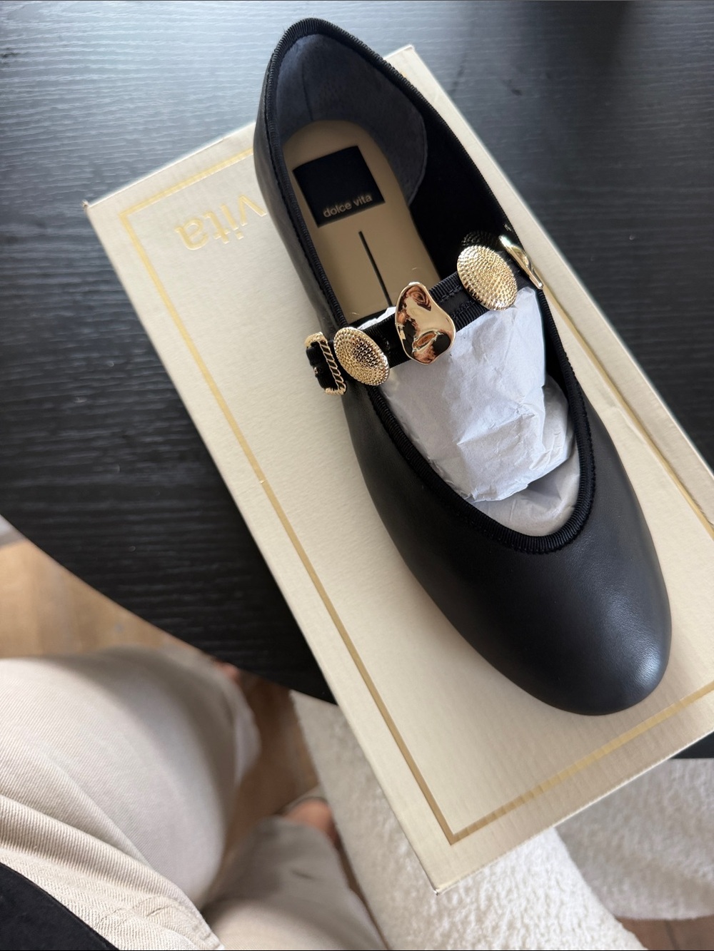 Dolce Vita Black Leather Flat with Gold-Tone Decorative Accents